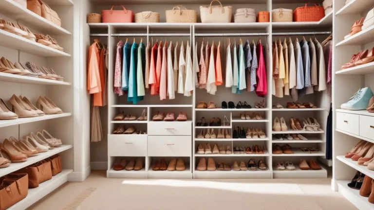 Organized spring closet with neatly arranged clothes and accessories in bright light.
