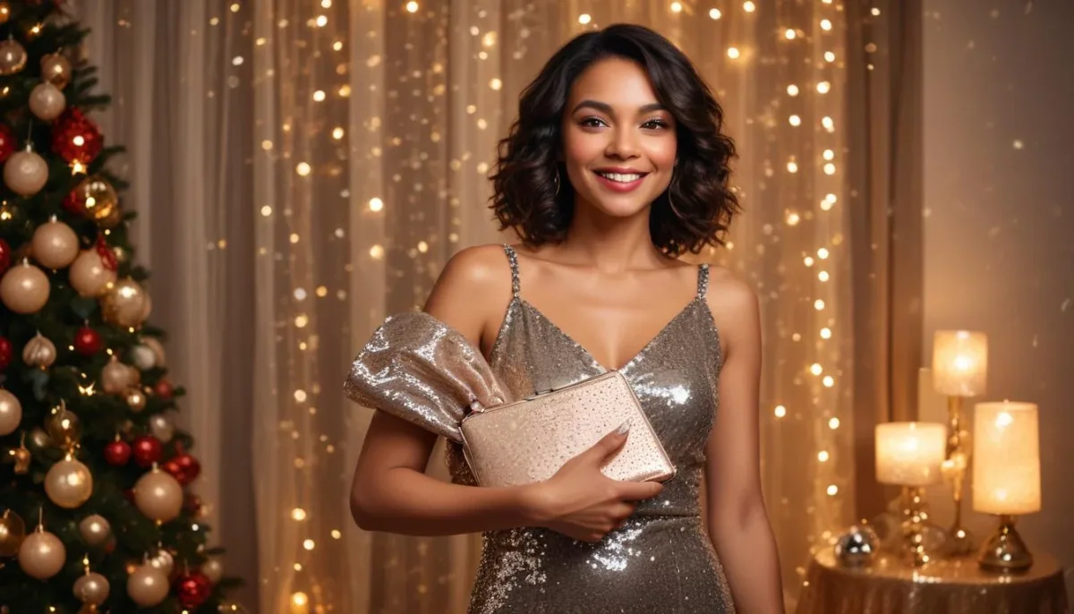 Woman in sequin dress at a glamorous holiday party