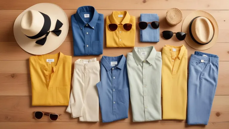 Colorful lightweight summer fabrics like linen, cotton, and rayon arranged with summer accessories.