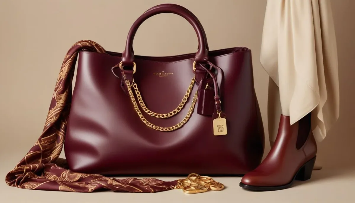 Close-up of fall accessories: handbag, scarf, boots, necklace