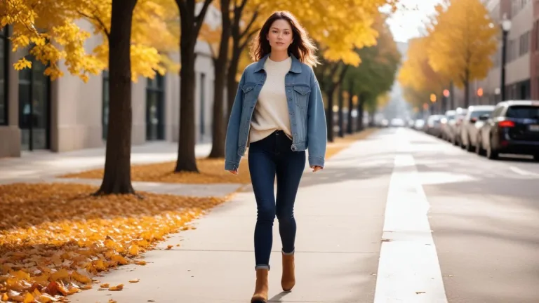 Woman in layered fall outfit, walking city street