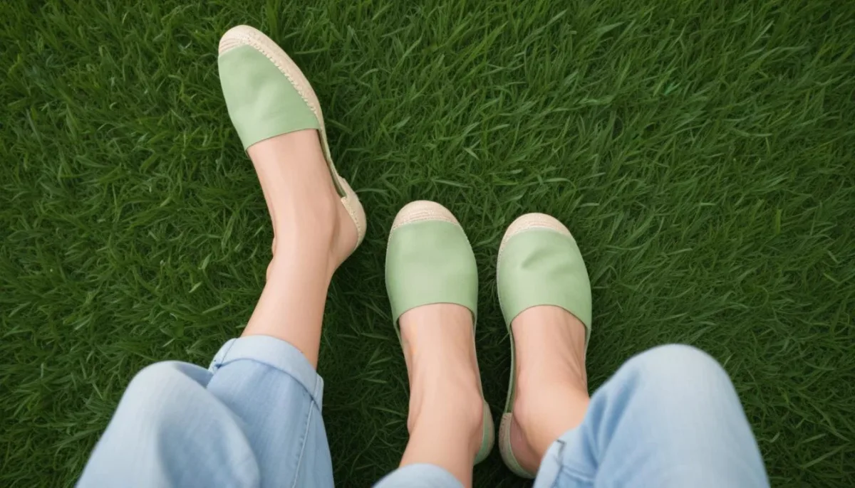 Close-up of feet in espadrille flats on green lawn, showcasing spring foot care.