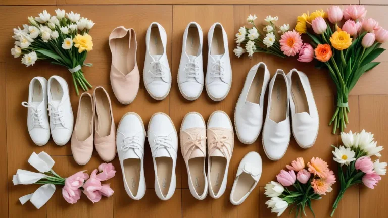 Spring footwear collection with sneakers, loafers, espadrilles, and ballet flats on wood with flowers.