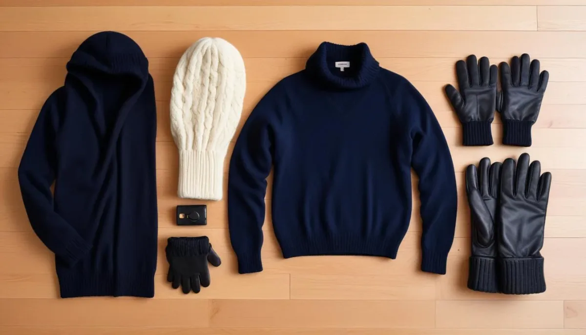 Flat lay of navy cashmere sweater, grey wool trousers, cream beanie, and black leather gloves.