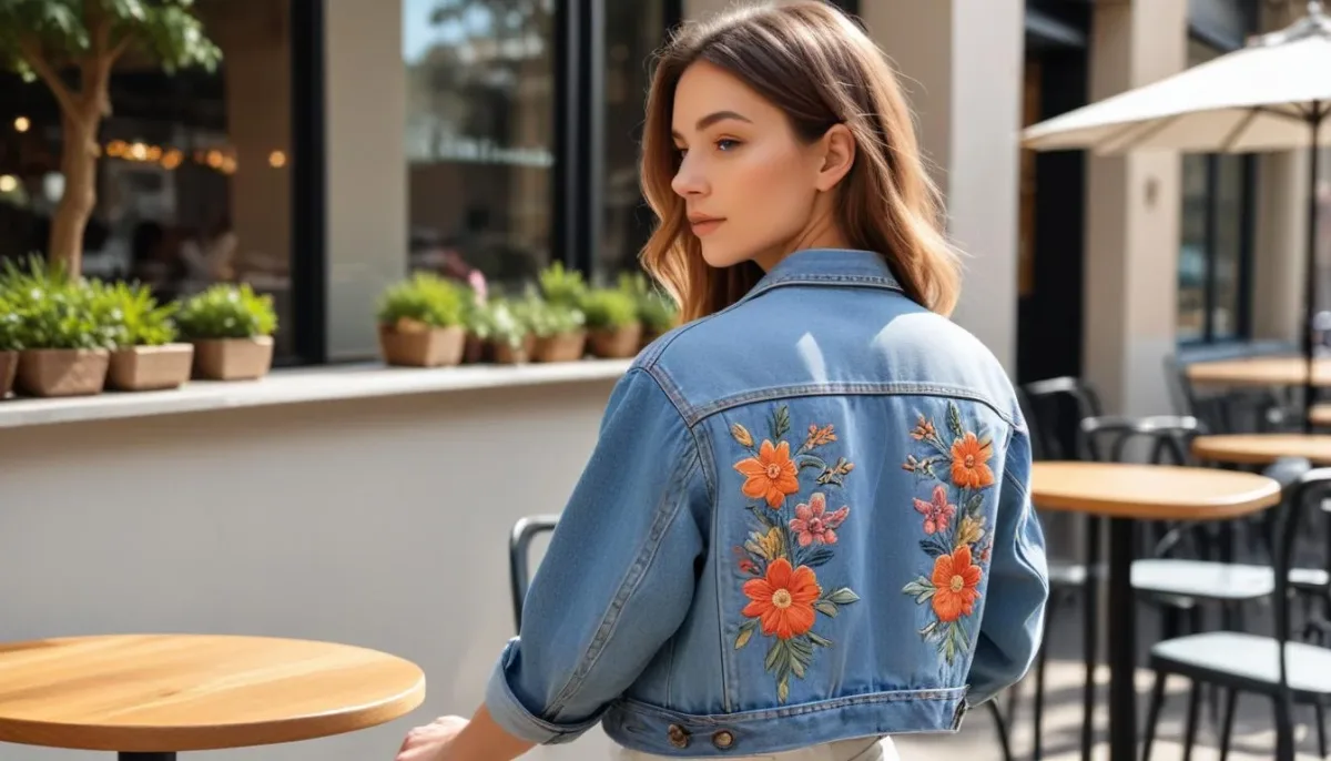 Stylish person in embroidered oversized denim jacket and relaxed jeans at a cafe.