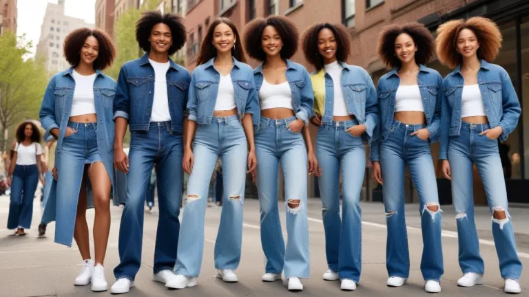Models in diverse denim trends for Spring 2025 in an urban spring setting.