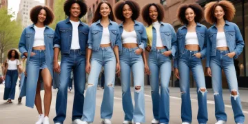 Models in diverse denim trends for Spring 2025 in an urban spring setting.