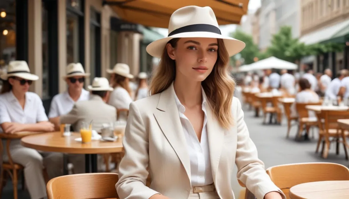 Person in linen suit and Panama hat at outdoor cafe, looking stylish for summer.
