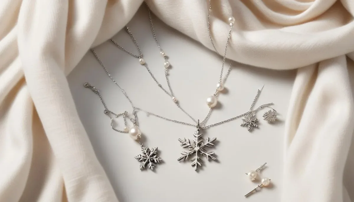 Flat lay of silver snowflake necklace, stud earrings, pearl bracelet, and stacked rings on a cashmere scarf.