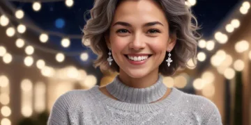 Woman wearing elegant silver and diamond jewelry with a cozy winter sweater, festive background.