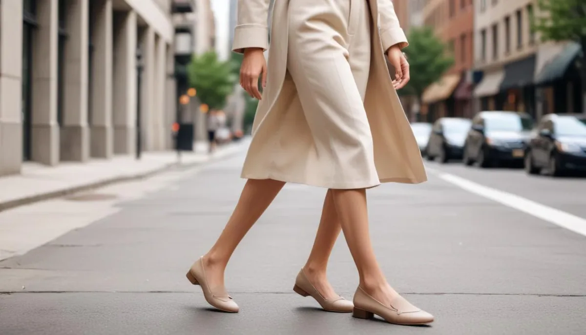 Woman wearing elegant neutral-toned flat shoes walking in urban setting