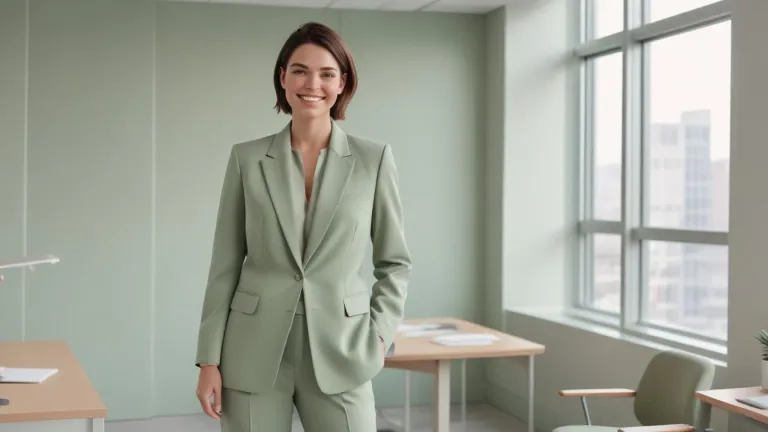 Woman in modern sage green power suit in a minimalist office