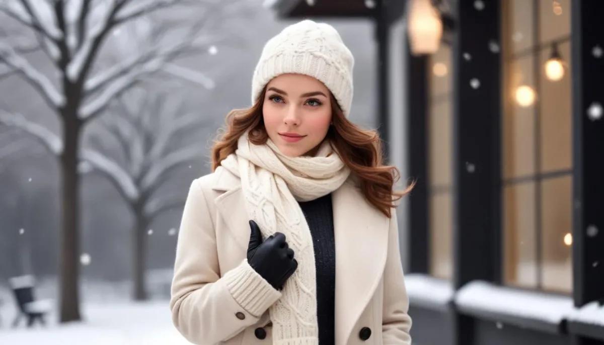 Woman in elegant winter layered outfit, wool coat, cable knit sweater, scarf