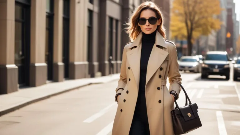 Woman in layered outfit, turtleneck, blazer, trench coat, stylish street fashion