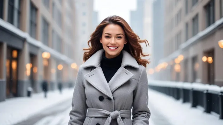 Stylish woman in sophisticated winter coat walking in snowy city