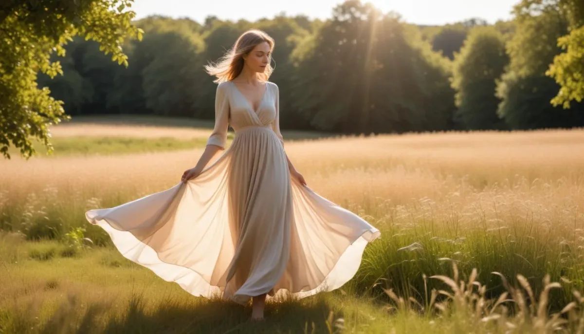 Woman in flowing sustainable dress, harmonizing fashion with nature