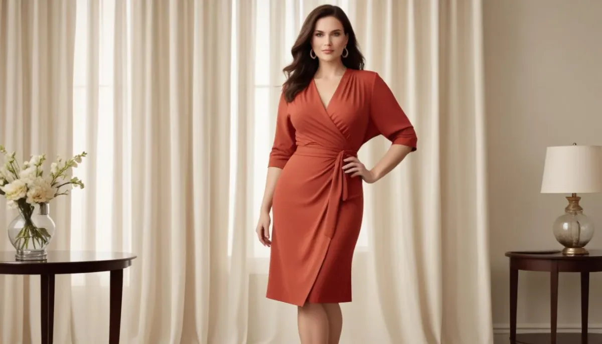 Rectangle body shape woman in belted wrap dress defining waist