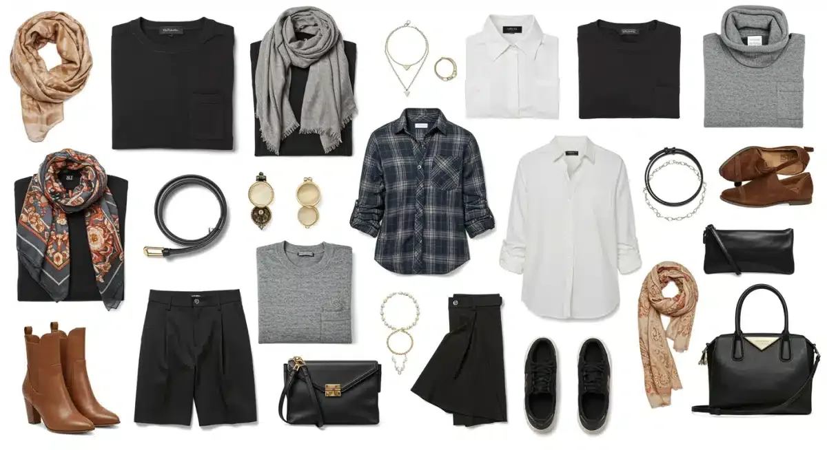Flat lay of multiple outfits created from capsule wardrobe items