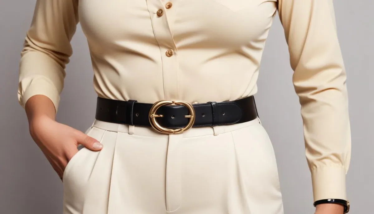 Woman adjusting stylish belt on high-waisted trousers