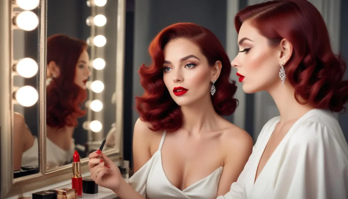 Woman applying bold red lipstick for evening look with elegant hair