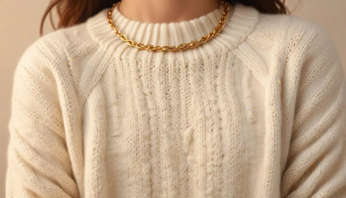 Close-up of a cream chunky knit sweater with a gold necklace