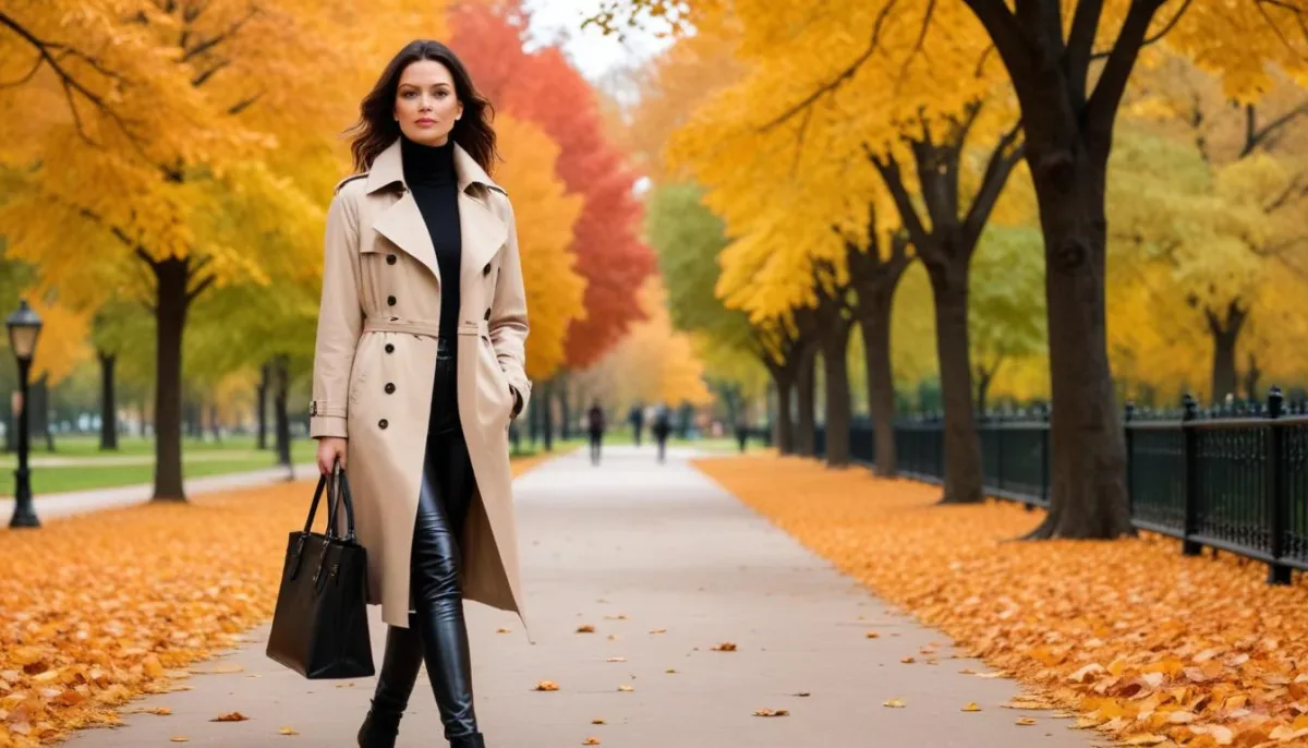 Woman in beige trench coat, chunky sweater, and black leather trousers in autumn park