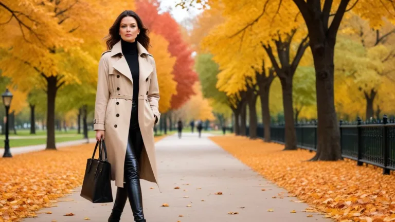Woman in beige trench coat, chunky sweater, and black leather trousers in autumn park