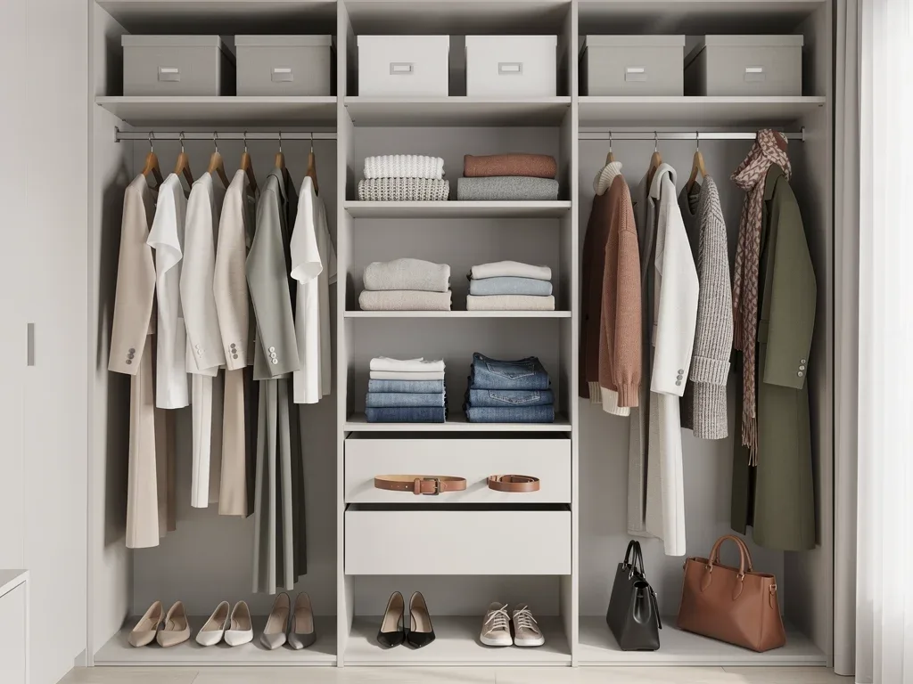 Organized closet with 70-30 rule capsule wardrobe essentials
