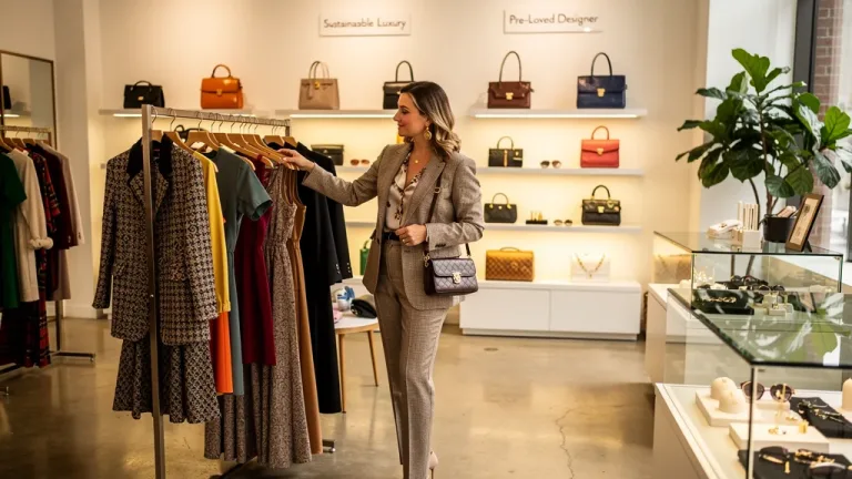 Woman shopping in a luxury resale boutique, highlighting upcycling fashion trends