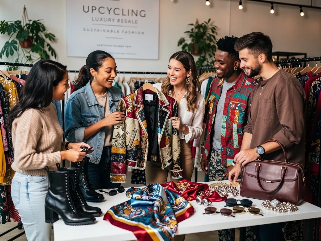 Shoppers at an upcycling luxury resale event, embracing sustainable fashion