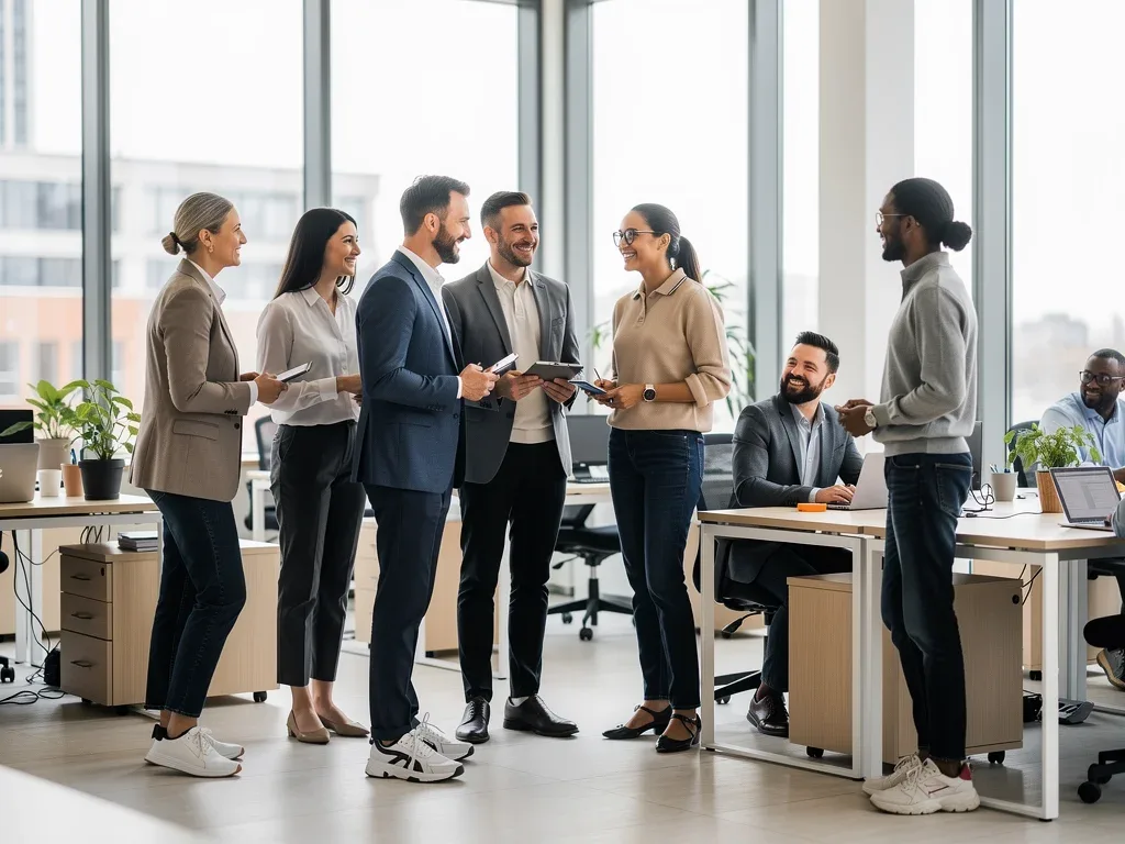 Professionals in modern office wearing elevated casual workwear