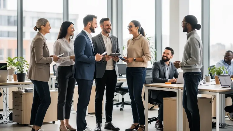 Professionals in modern office wearing elevated casual workwear