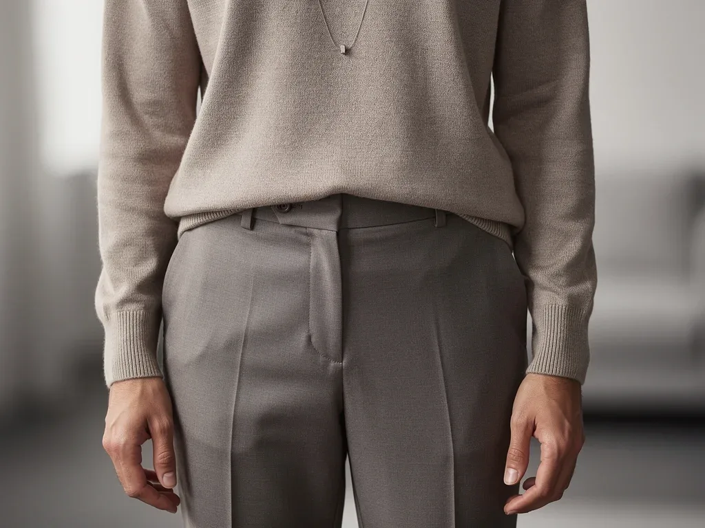 Close-up of premium knitwear and tailored trousers for work