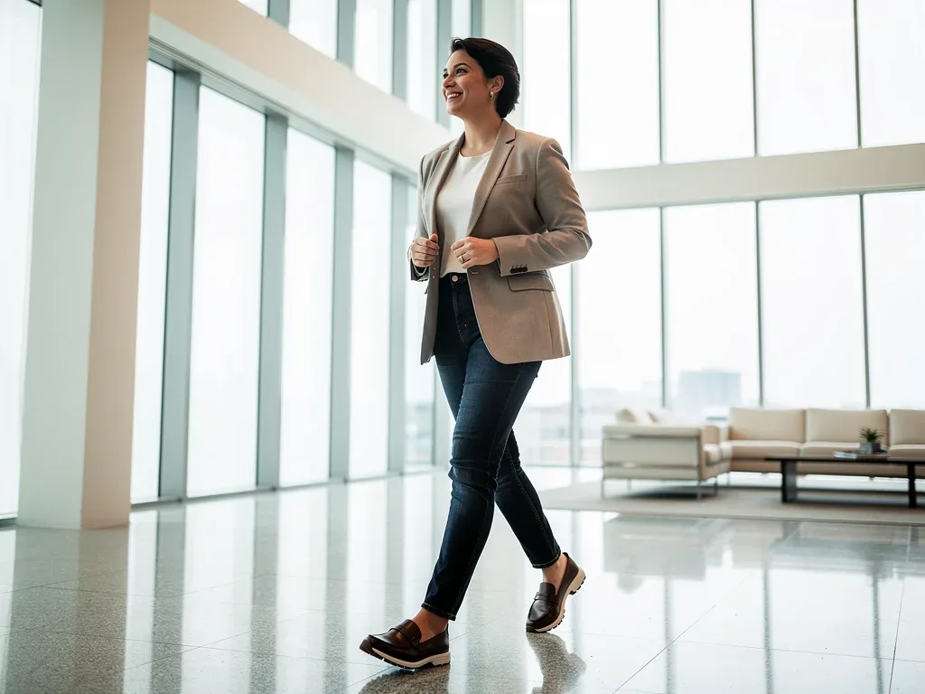 Professional in blazer, jeans, and loafers in office lobby