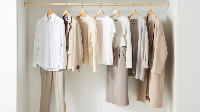 Organized minimalist closet with 10 seasonal clothing items