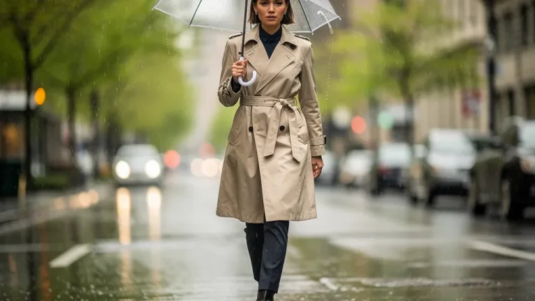 Stylish woman in water-repellent trench coat during spring rain