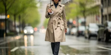 Stylish woman in water-repellent trench coat during spring rain