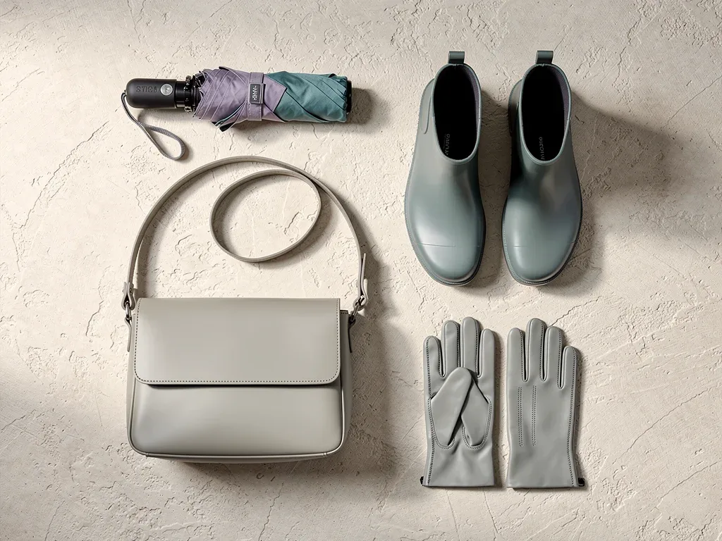 Flat lay of essential rainy season accessories for spring