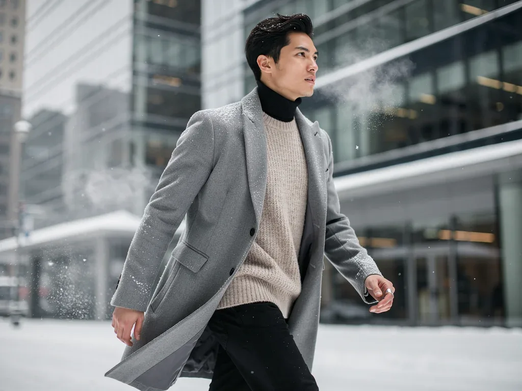 Stylishly layered outfit in a winter city scene
