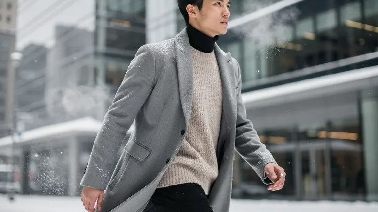 Stylishly layered outfit in a winter city scene