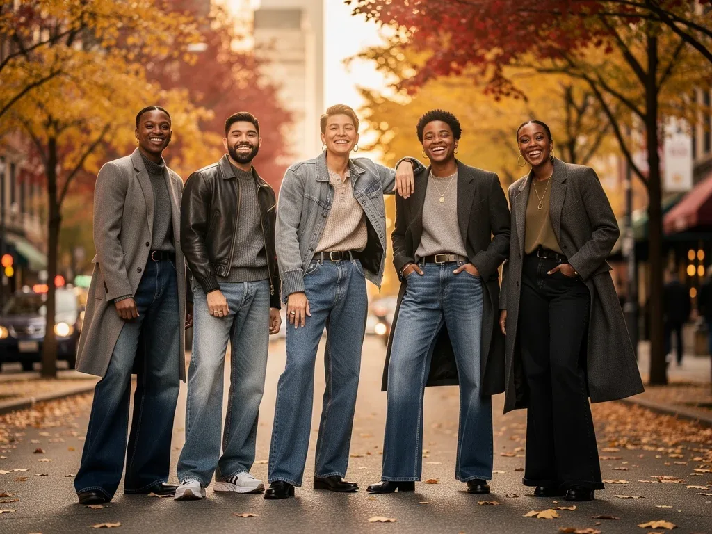 Models wearing diverse Fall 2026 denim trends, including wide-leg and baggy jeans, in a stylish autumn urban environment.