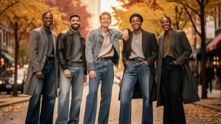 Models wearing diverse Fall 2026 denim trends, including wide-leg and baggy jeans, in a stylish autumn urban environment.