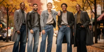 Models wearing diverse Fall 2026 denim trends, including wide-leg and baggy jeans, in a stylish autumn urban environment.