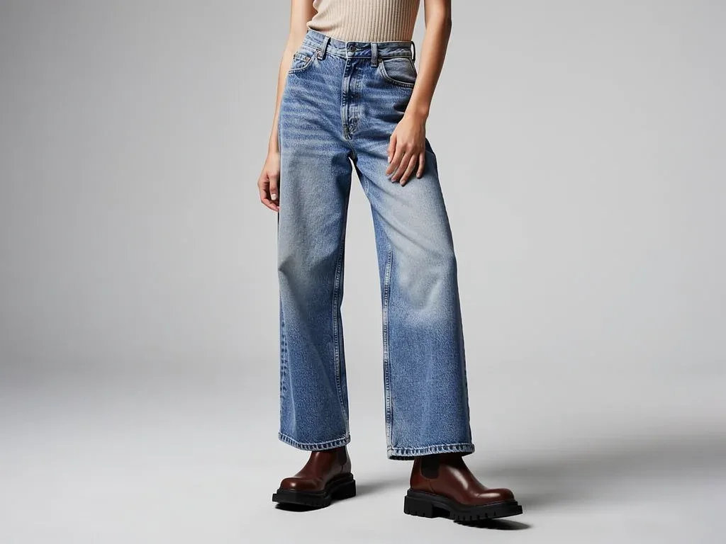 High-waisted wide-leg denim jeans, a key Fall 2026 trend, styled with modern accessories.