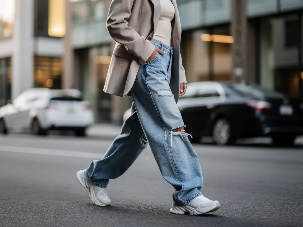 Relaxed-fit baggy jeans, a prominent Fall 2026 denim trend, worn in an urban street style.