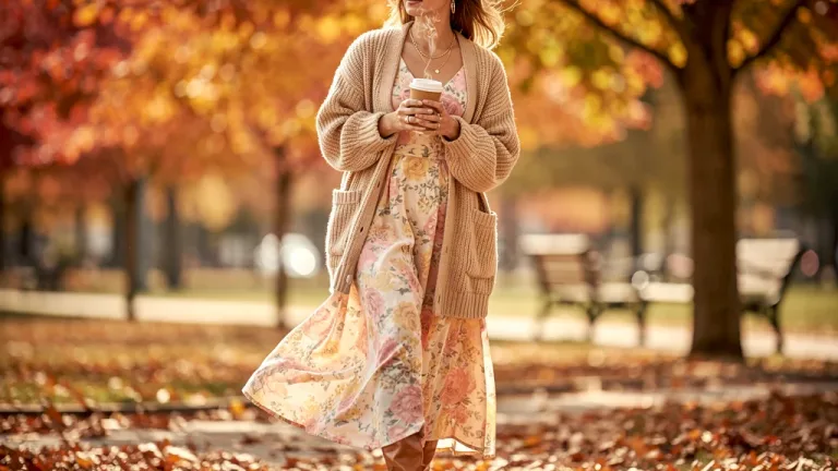 Woman in floral maxi dress, cardigan, and ankle boots for fall
