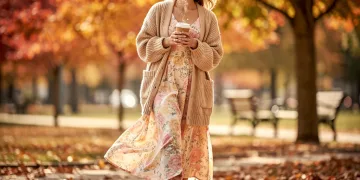 Woman in floral maxi dress, cardigan, and ankle boots for fall