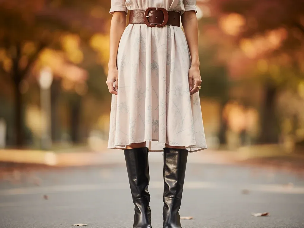 Summer midi dress styled with knee-high boots and belt for autumn