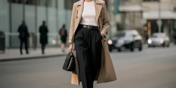 Woman in sleek 90s minimalist outfit, neutral tones