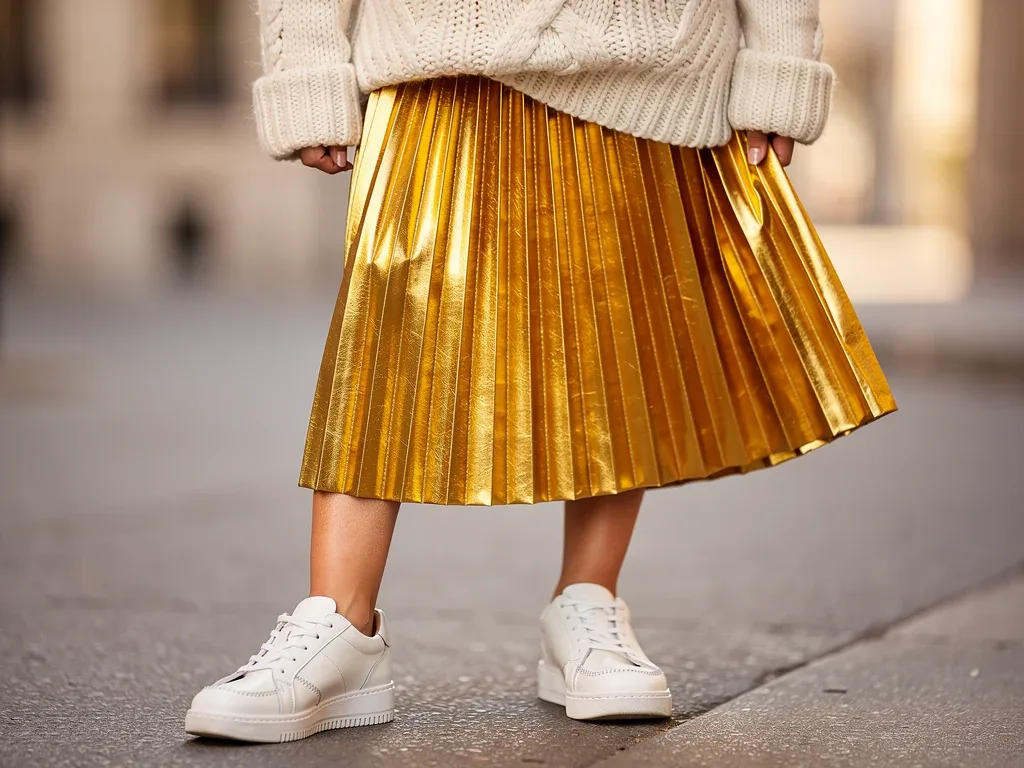 Metallic gold pleated skirt with chunky knit sweater and sneakers